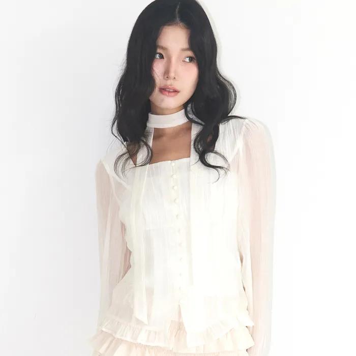 리본 타이 스퀘어넥 롱블라우스 크림
