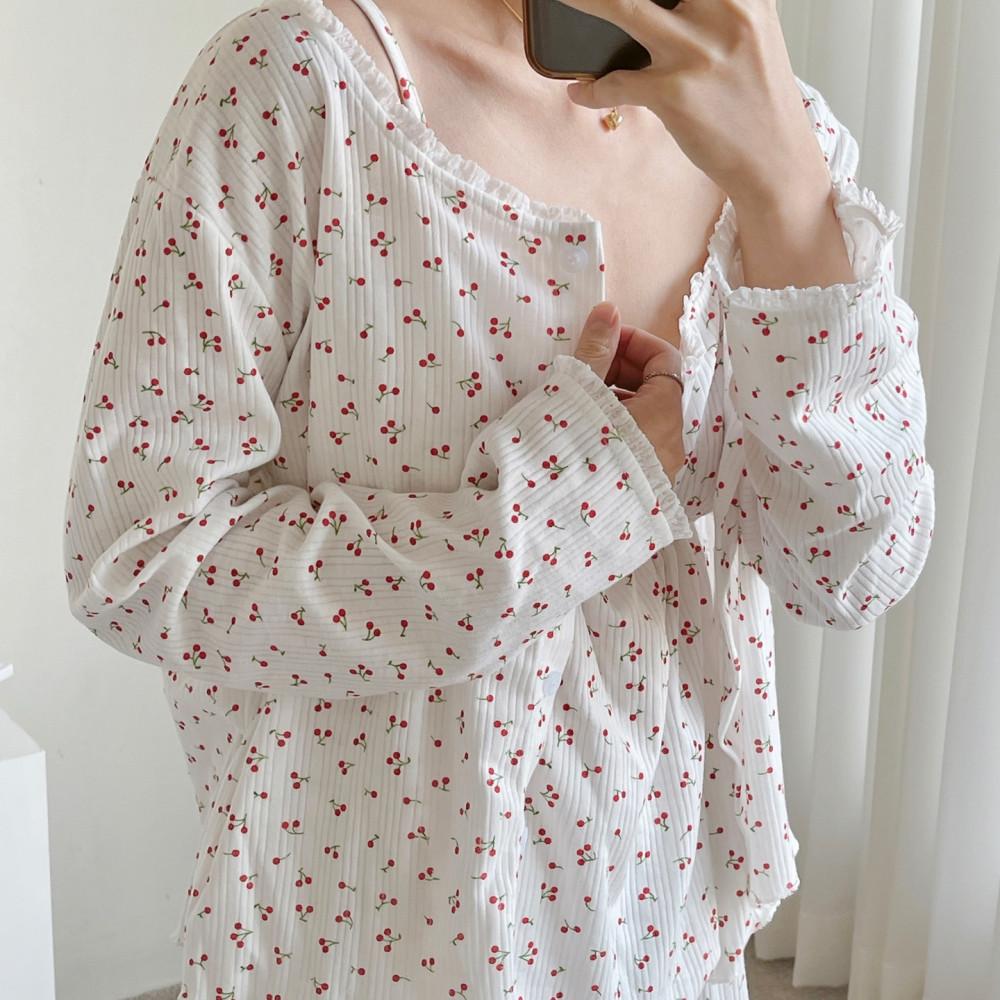 가을 잠옷 빅사이즈 체리 3피스 캡내장 긴팔 잠옷세트 파자마