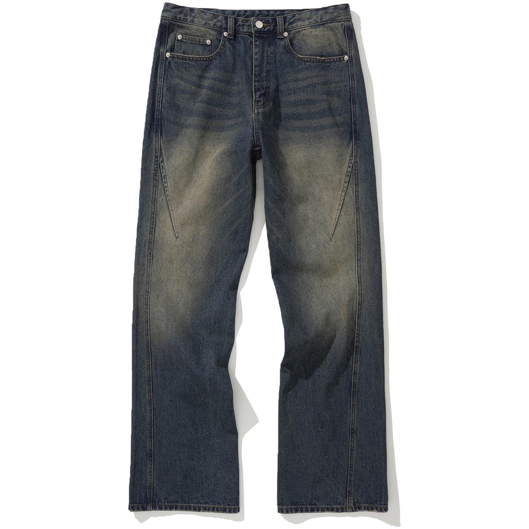 Curved Incision Flare Fit Denim Pants - Deep Blue