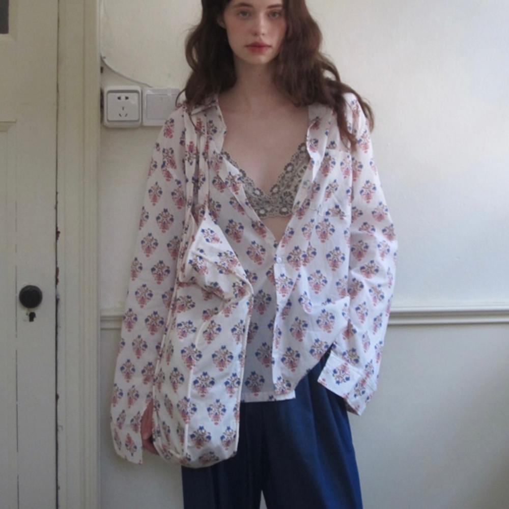 CARIEDO STUDIO 플라워 여성 긴팔롱셔츠 시스루 커버업 루즈핏 남방 블라우스