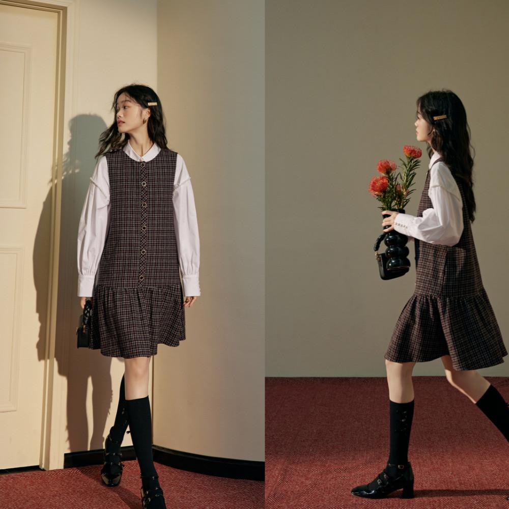 KUOSE 쿠오세 체크 플리츠 레이어드 미디원피스