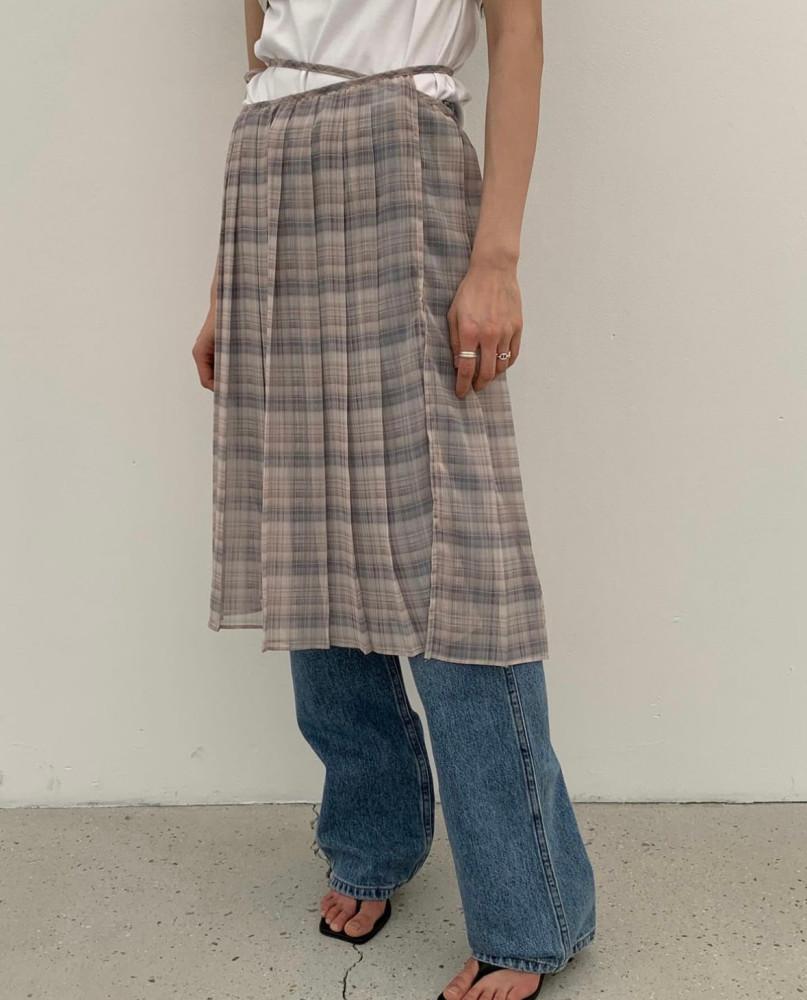 US 체크 랩 플리츠 스커트 (2color) 어스 레이어드 에이프런 미디스커트