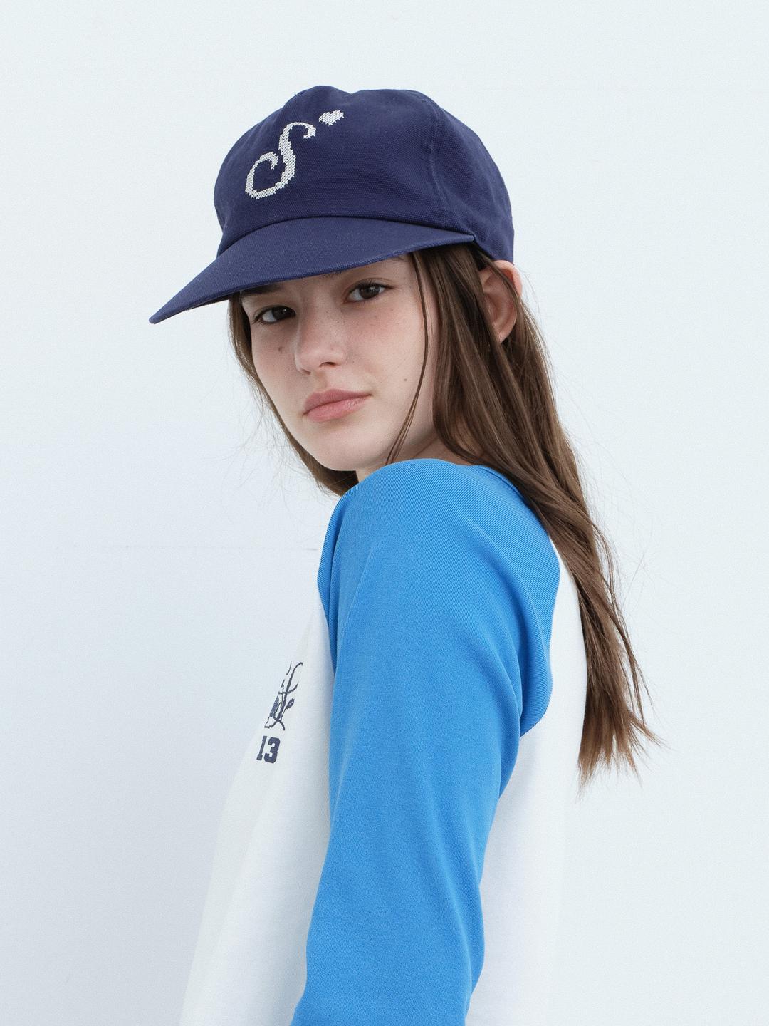 (2th) S Heart Cross Stitch Cap-Navy