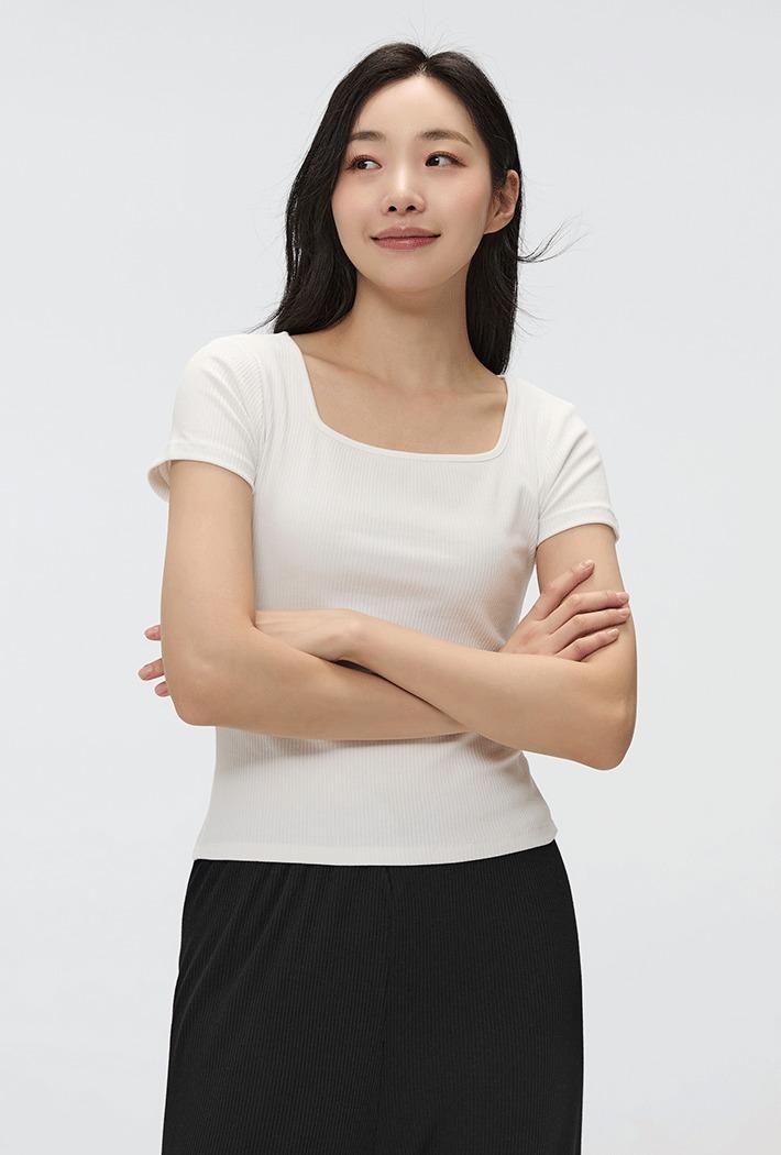 [코튼스판] 골지 스퀘어넥 세미크롭 반팔티 (SPRWF26G05 RE)_SPRWF37G05