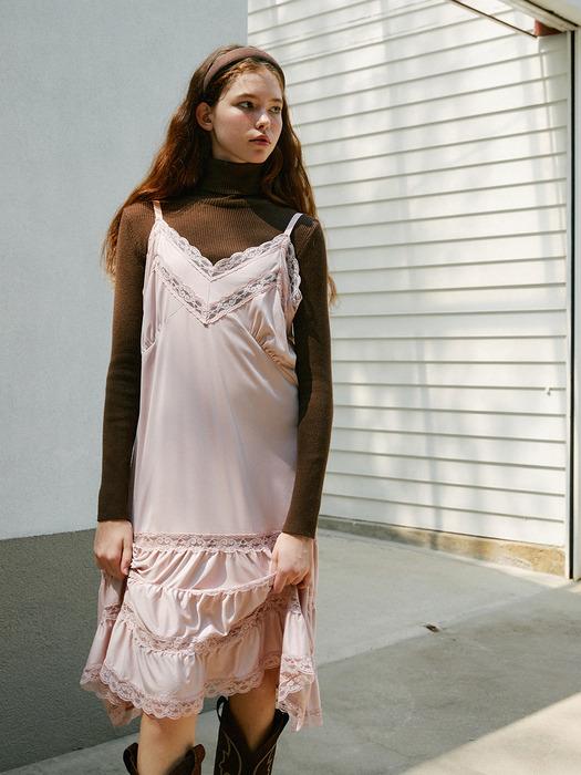 Shirring Lace Slip dress (Pink)