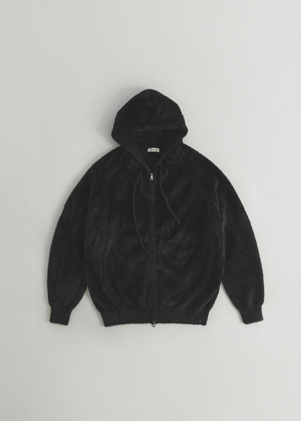 헤어리 후드 니트 집업_Black