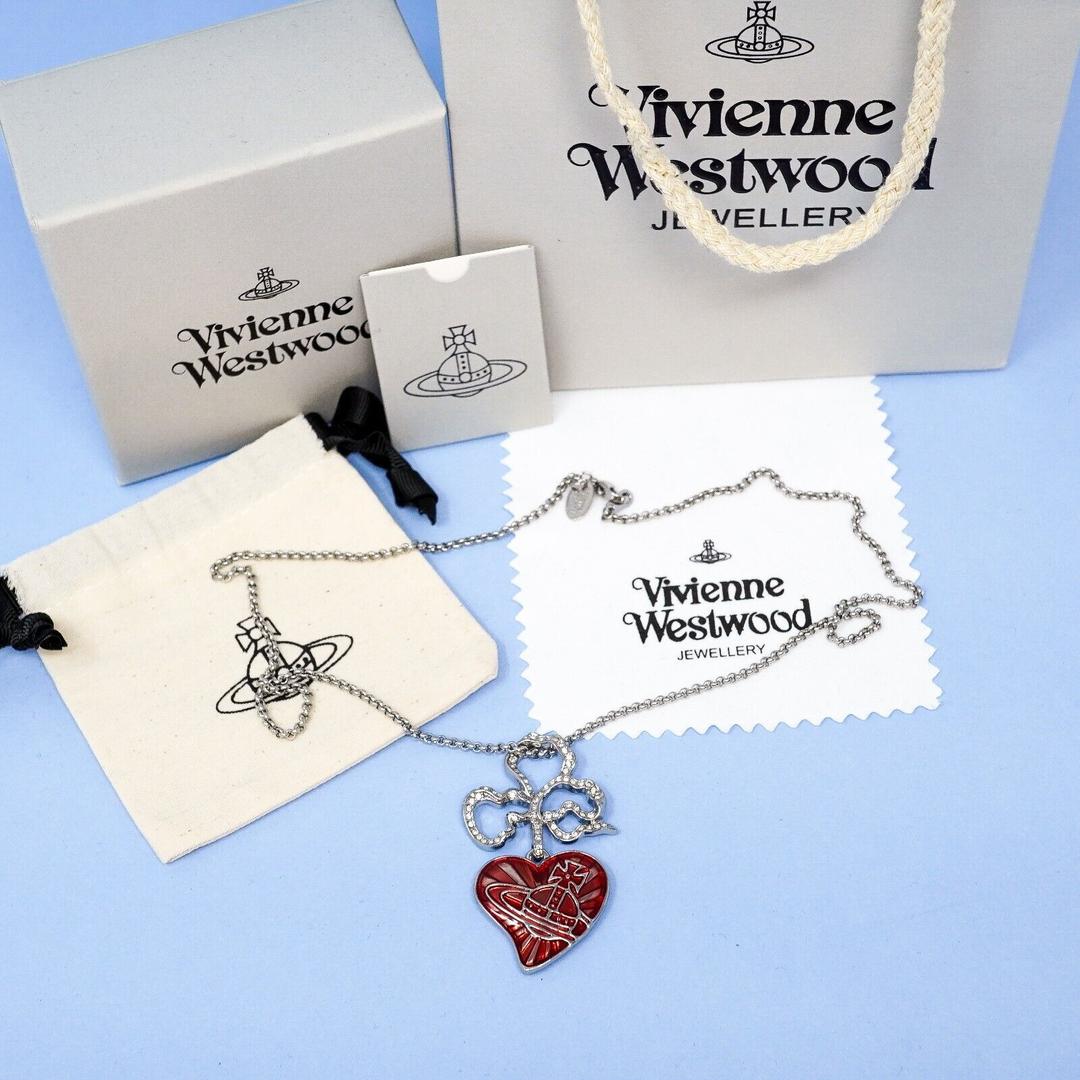 Vivienne Westwood Necklace Silver & Red Heart Orb Pendant With Bow Gift set