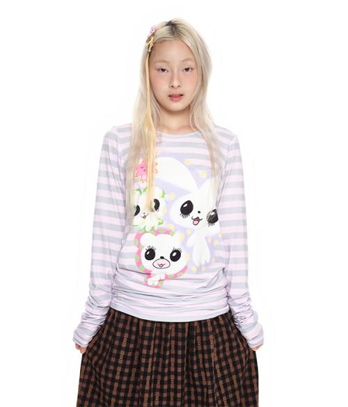 Shirred Long Sleeve Top_Stripe pink