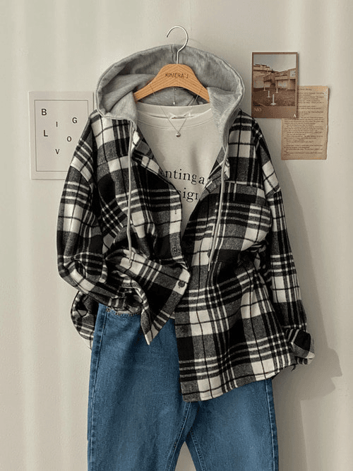체크 후디 오버핏 셔츠 자켓 3color