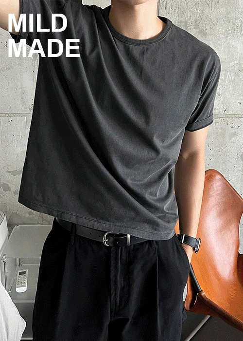 (MILD MADE)MD.058-pigment crop half sleeve   (라운드, 헨리넥 ver.)