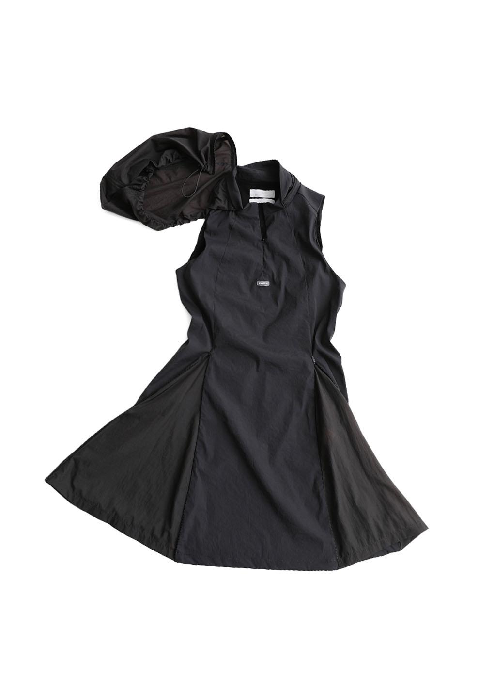 nylon hooded mini dress, charcoal