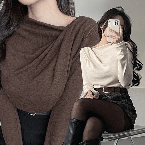 [자체제작🖤/몸매예쁨보장🔥] 가나다란 챠밍 드레이프 훌 셔링 긴팔 니트 티 5color