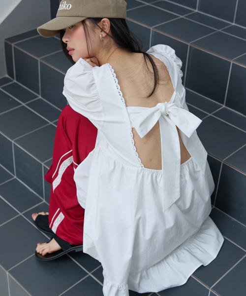 퍼프 슬리브 리본 미니 드레스 화이트