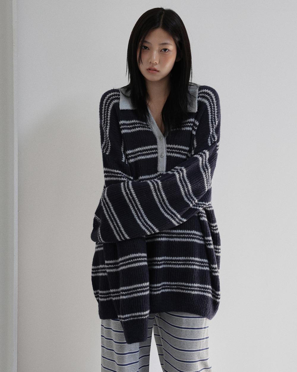 25FW collar boxy striped wool knit