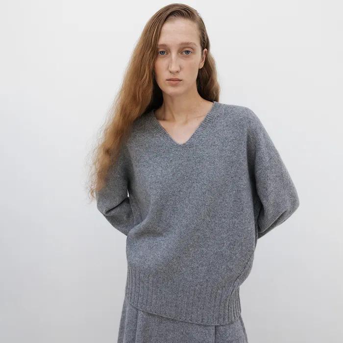 Wool Cashmere Oversized V Neck Pullover_Heather Grey