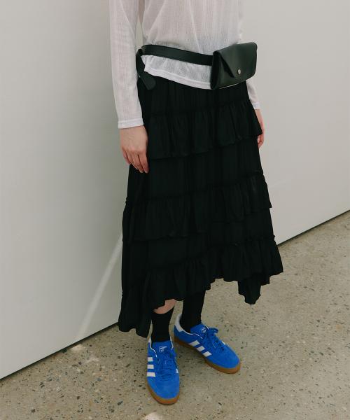 Trimming frill Unbalanced Long Banding Skirt Black