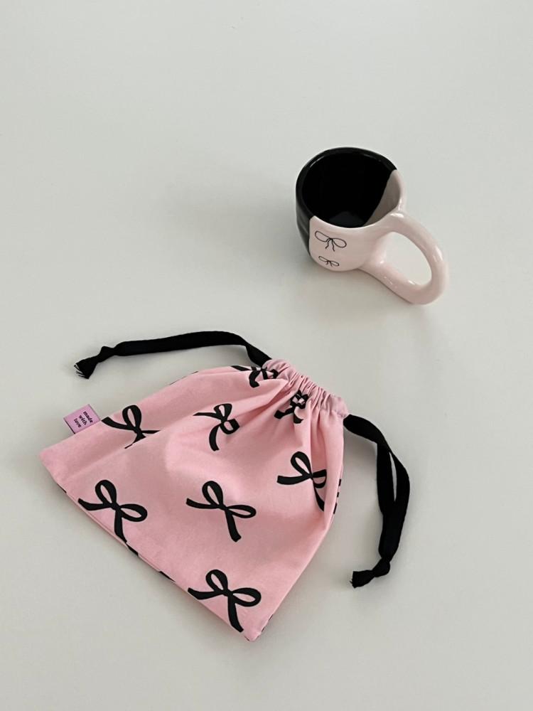 [바로배송] 핑크 앤 블랙 리본 스트링 파우치 (2 size)