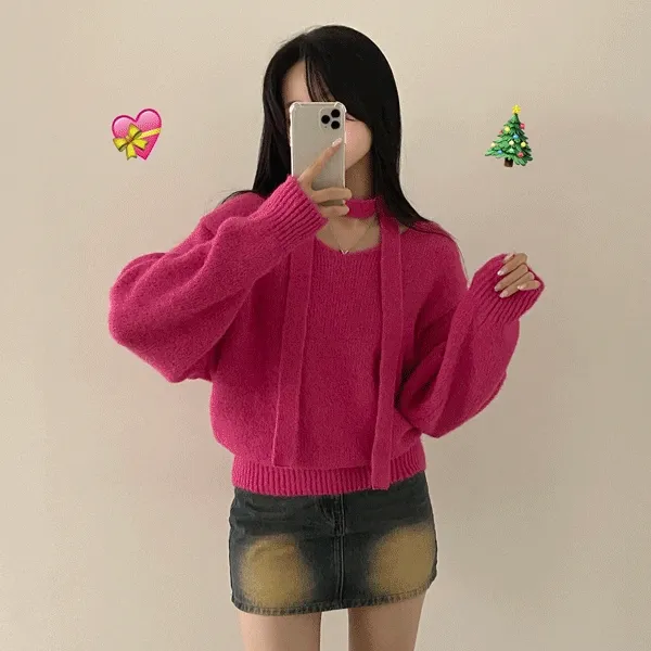 [포슬포슬~/머플러세트] 여리함 가득, 울 초커 머플러 브이넥 루즈 긴팔니트 (4color)