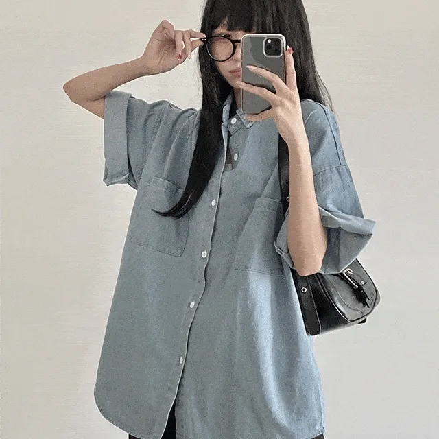 💙주문폭주/코디필수템💙 [SS신상/고퀄보장] 데일리 반팔 데님 셔츠 아방핏 박시핏 오버핏 보이핏 여리핏 남방 자켓 개강룩 개강여신룩 보호본능핏 수학여행 체육대회 (2color)