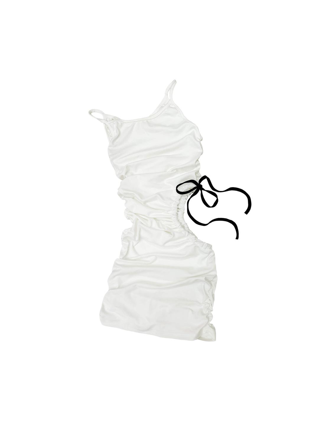 Ribbon shirring mini dress *Customizing string
