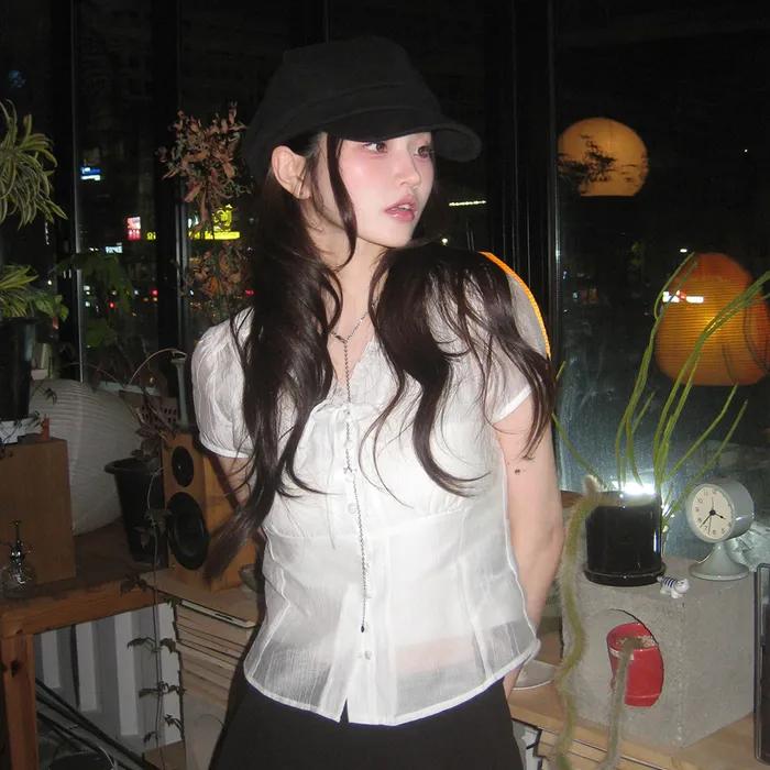 프릴 브이넥 시스루 블라우스 2 COLOR COWBL001