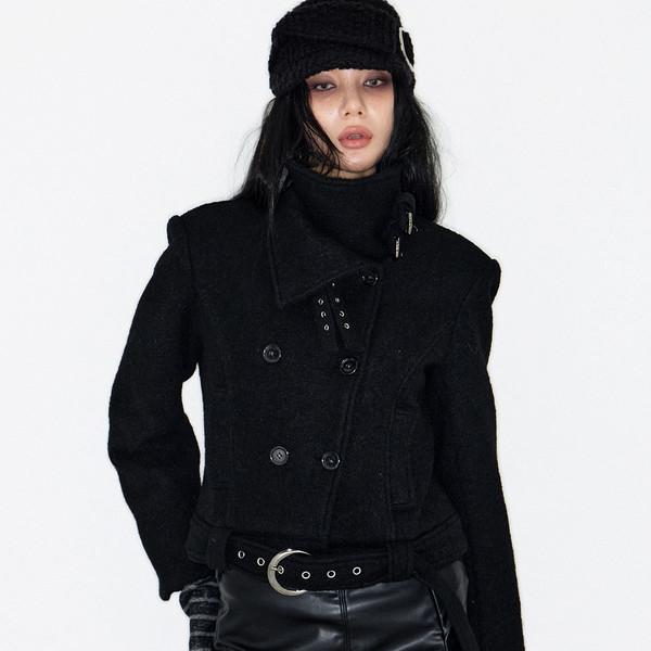 Double Belted High-Neck Coat (BLACK)