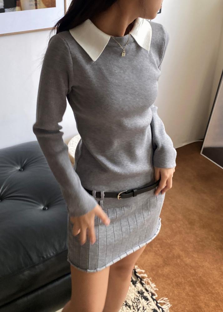 출근룩 하객룩 로우라이즈 니트원피스 플리츠원피스 카라 벨트포함 (2color)