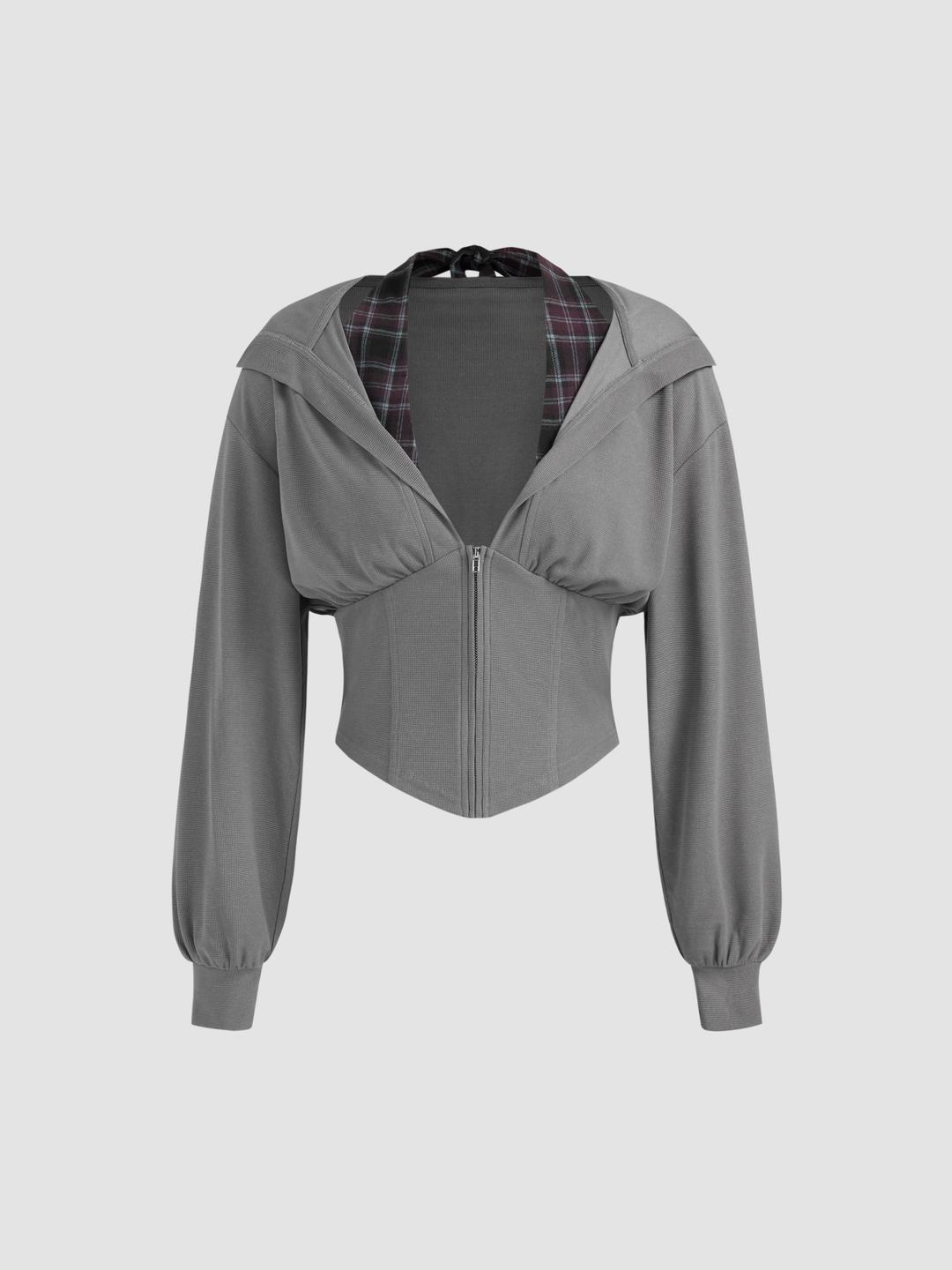 Checks Knotted Zipper Corset Hoodie