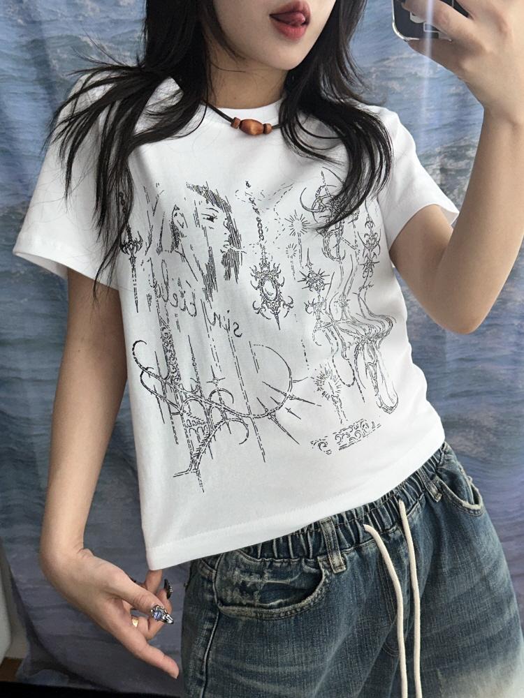 키미스 y2k 걸즈 애니 포인트 더 힙 세미 크롭 하프 티셔츠(3color)