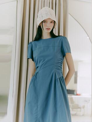Side Shirring Dress, Blue Green