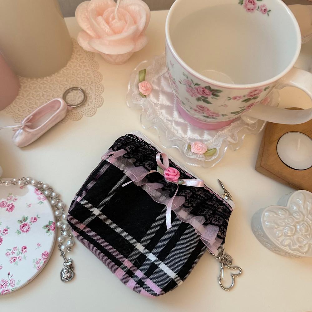 핑크 체크 로즈 키링고리 립스틱 파우치