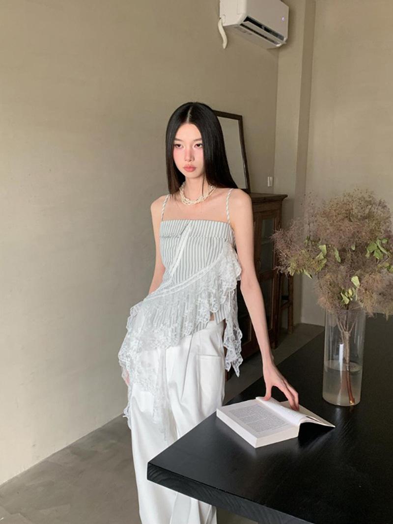 Frill Lace Unbalanced Layered Stripe Blouse