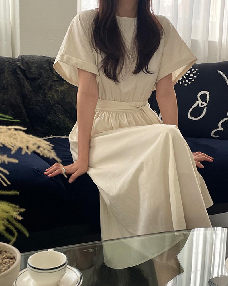 이브 여성 여름 셔링 반팔 롤업 스트랩 롱 원피스