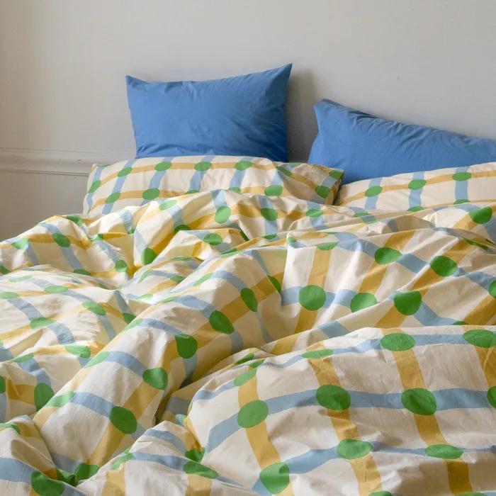 [29CM 단독구성] 순면 알러지방지 무봉제 이불베개세트 - 닷체크 그린 온 베이지 (차렵/이불커버)