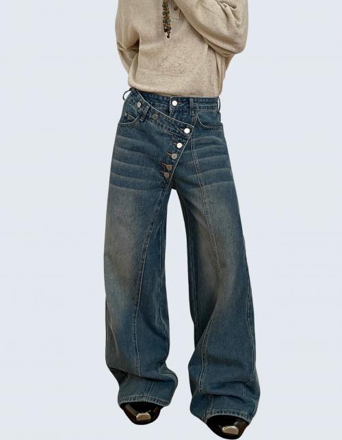Unbalanced Layered Button Jeans
