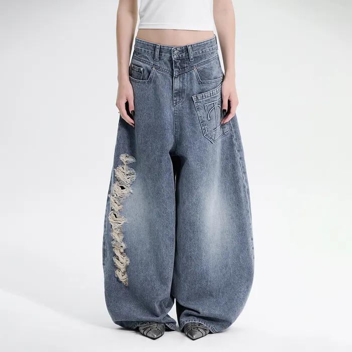 Balloon Fit Damage Denim Pants [ Blue ]