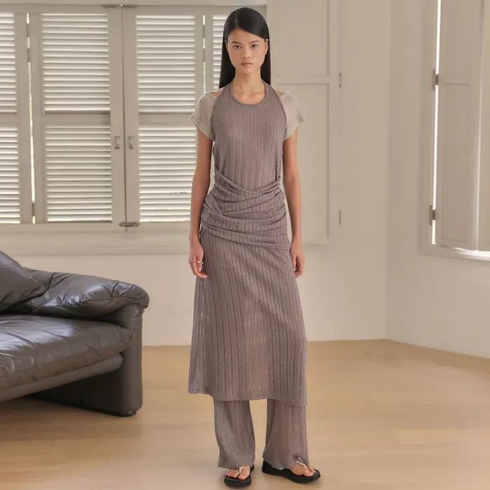 LINEN HALTER DRESS [ BROWN ]