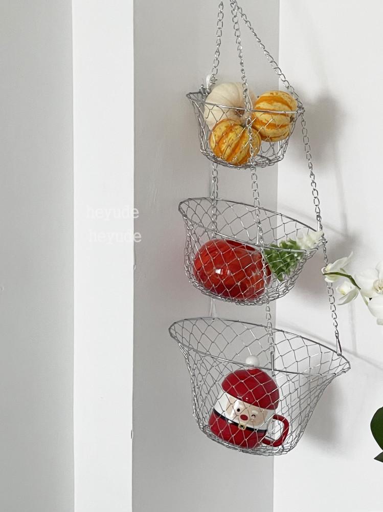헤이유드 행잉 스텐 3단 정리 바구니 벽걸이 바스켓 철재