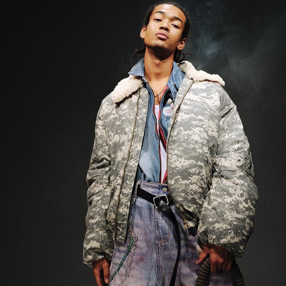 TREclub 카모플라쥬 점퍼 카라 퍼 오버핏 집업 패딩 아우터