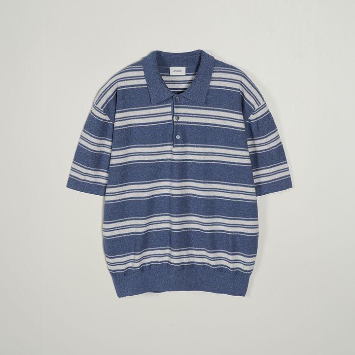 C/L STRIPE HALF KNIT POLO - INDIGO MELANGE