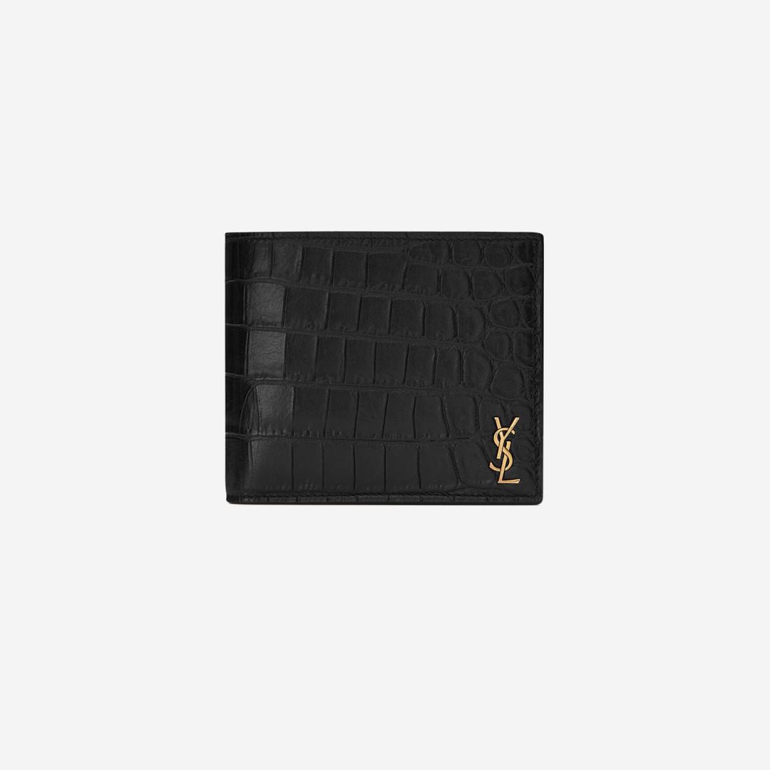 Saint Laurent Tiny Cassandre East/West Wallet In Crocodile Embossed Matte Leather Black