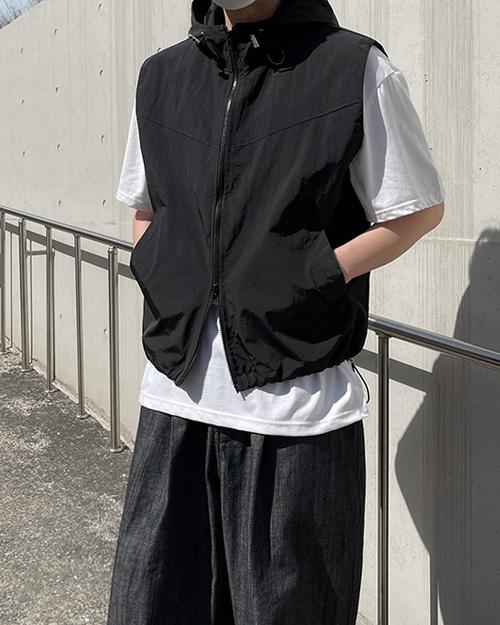 [자체제작] 나일론 아노락 스트링 후드 투웨이 집업 베스트 조끼 (3 color)