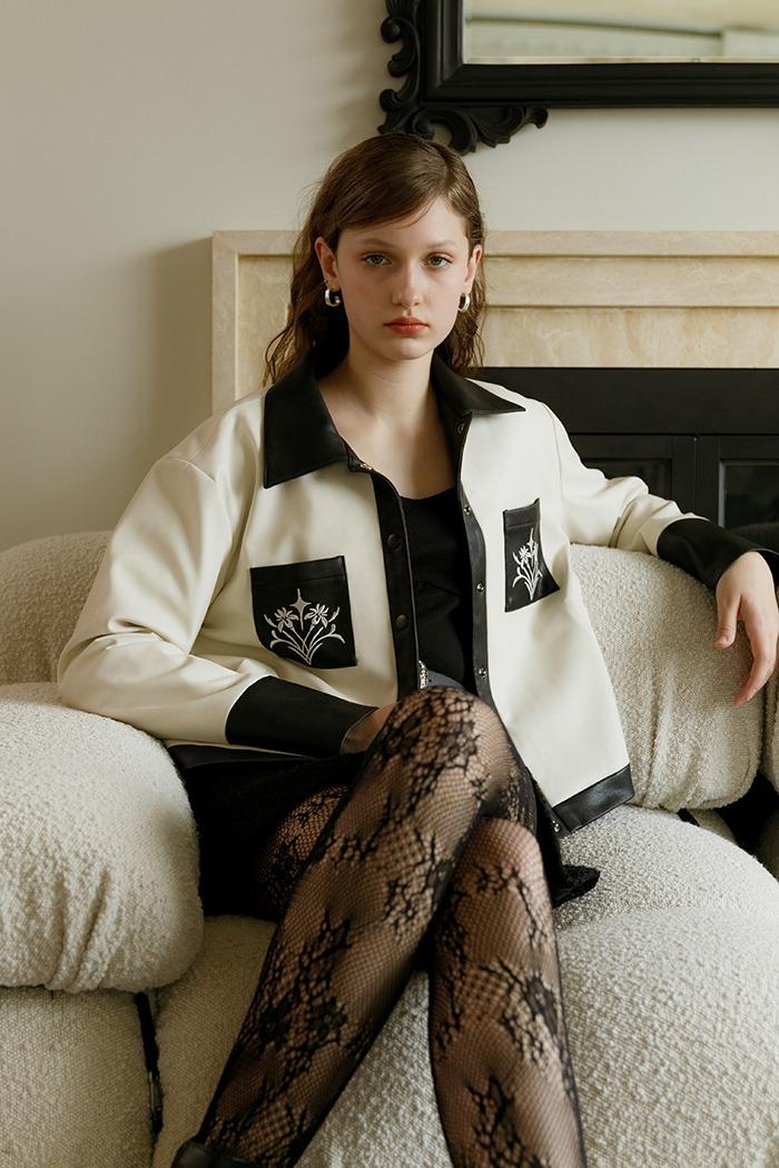 Art nouveau embroidery leather jacket (cream)