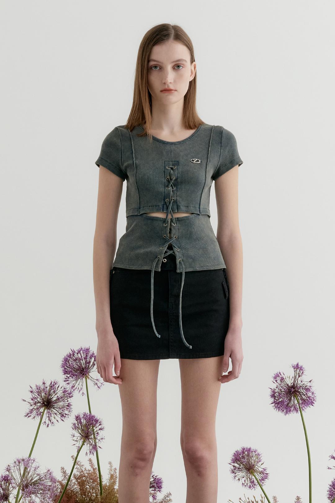 CUT OUT LACE-UP WASHING HALF SLEEVE TOP - FADED BLUE (5/31일 예약배송)