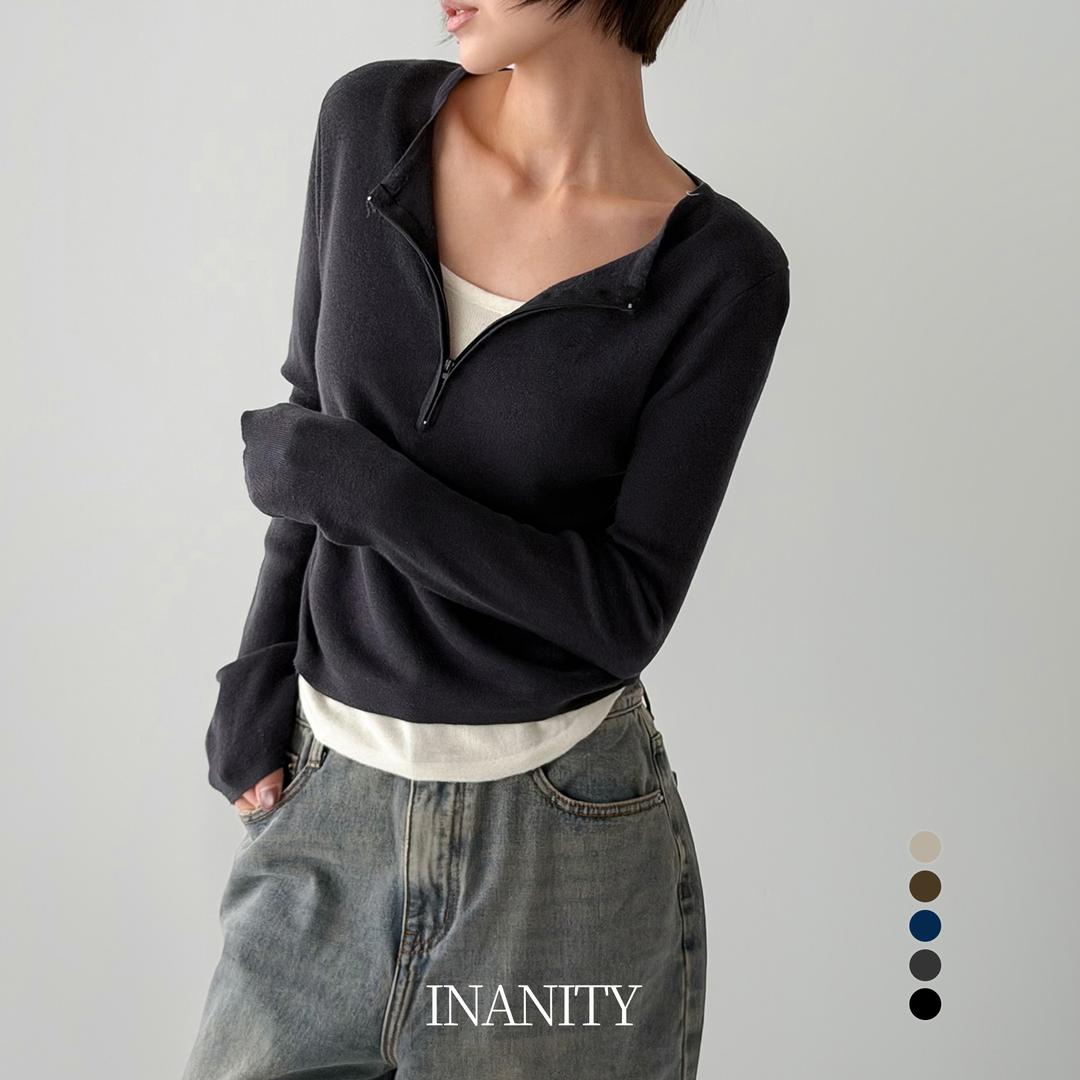 이너니티 당일출고🚀[MADE/후들] 반지퍼 카라 셔링 레이어드 니트 티셔츠 5color