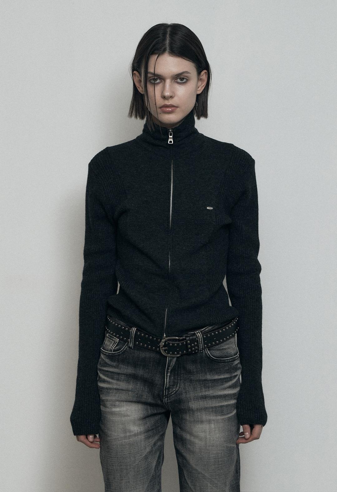 [ 순차 발송 11/21 ~ ] MERINO WOOL RIBBED KNIT ZIP-UP , MIDNIGHT BLACK