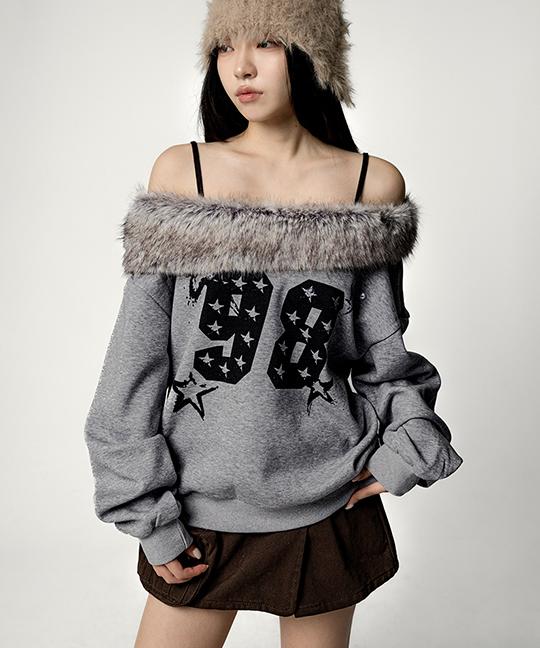 누아뮤트 [MADE] 퍼파프 넘버 프린팅 언발 퍼 오프숄더 맨투맨 Asymmetric Fur Off-Shoulder Sweatshirt