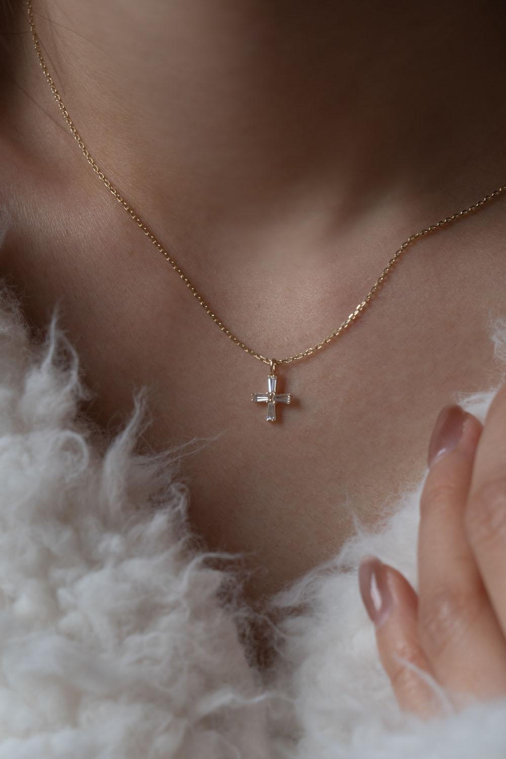 14k crystal cubic cross necklace