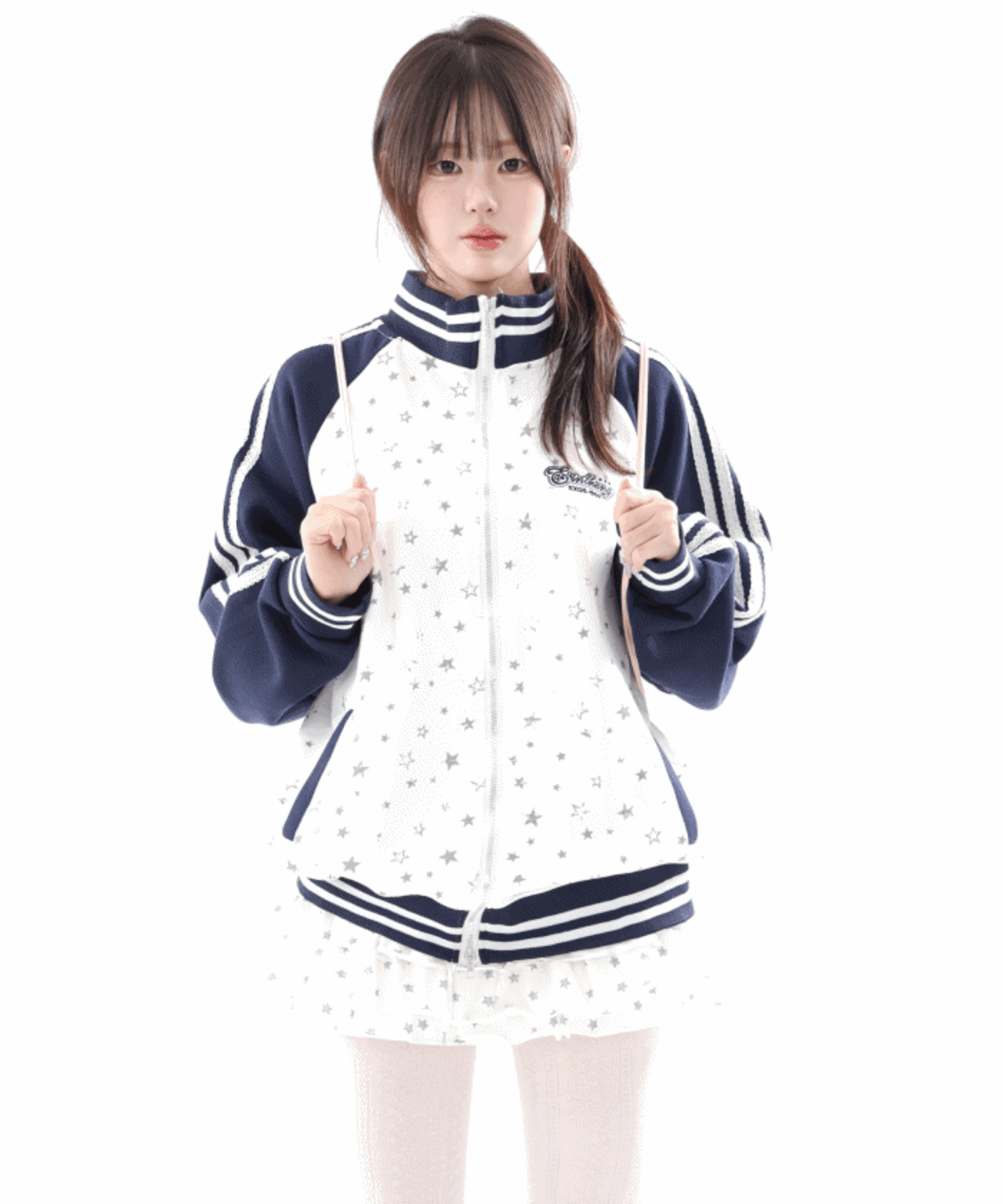 네이비 라인 배색 나그랑 스타 프린트 집업