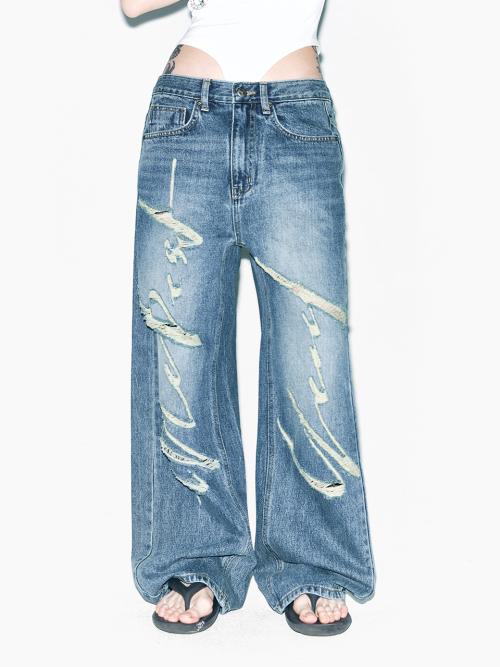 SIGNATURE LOGO DESTROYED DENIM BLUE